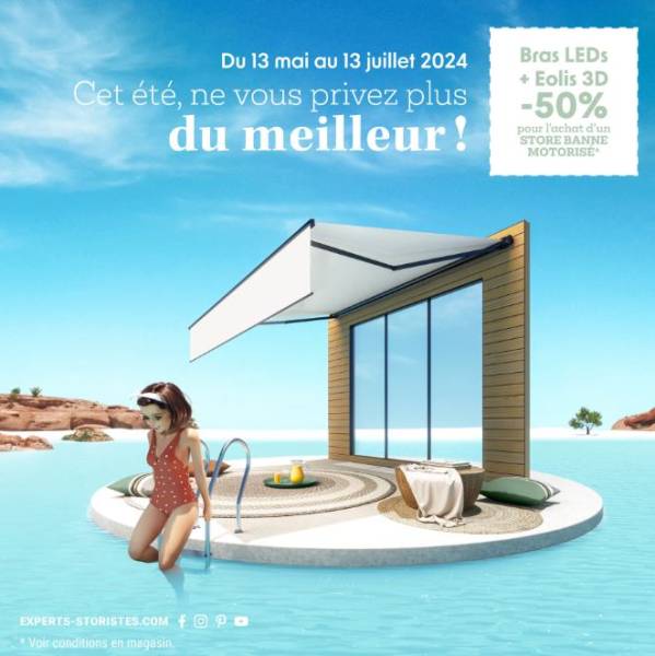 Jusqu'à 10% de remise sur notre sélection de stores bannes et pergolas avec Les Instants SOLEIL  chez MONDIAL-STORES à RUY.