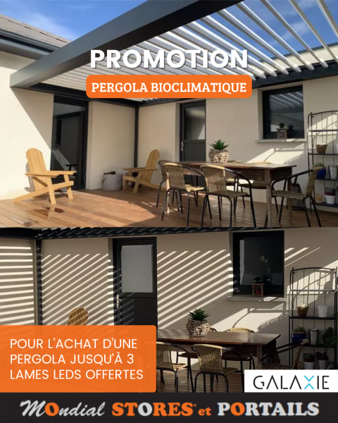 Pour l'achat d'une Pergola Bioclimatique GALAXIE Lames Leds offertes chez Mondial-Stores & Portails sur la Tour du Pin et sa région