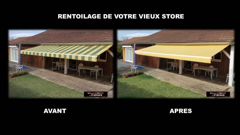 Rentoilage d'un store banne dont la toile était usée et terne réalisé par les techniciens de Mondial-Stores & Portails sur Saint Jean de Bournay et le nord Isère 